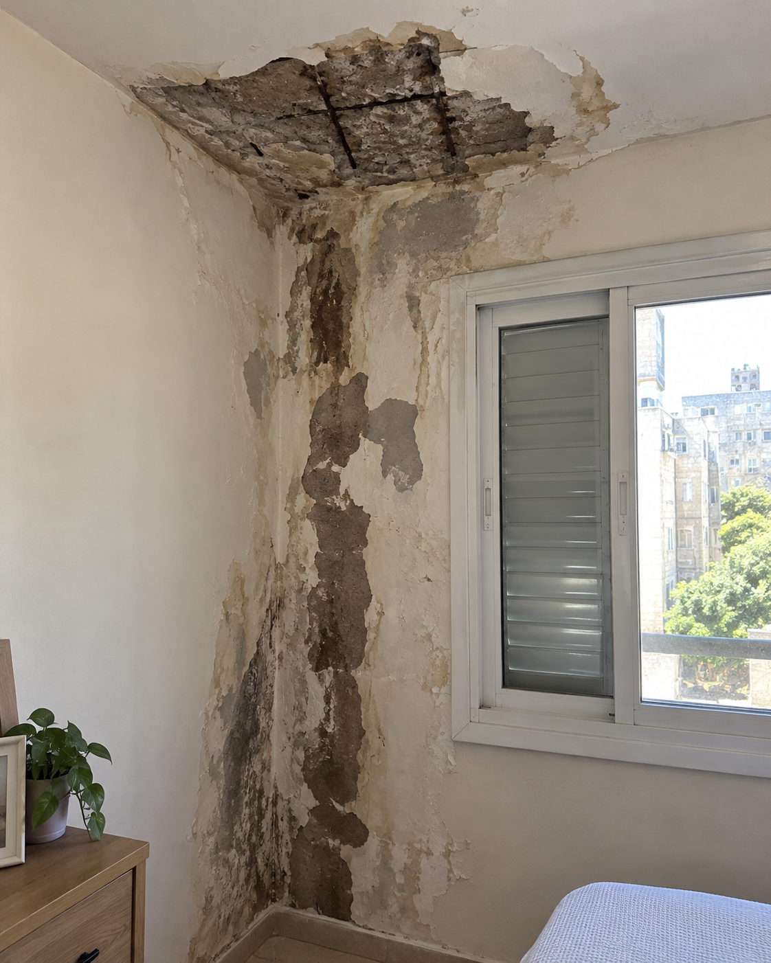 קיר ותקרה עם נזקי רטיבות לפני תיקון